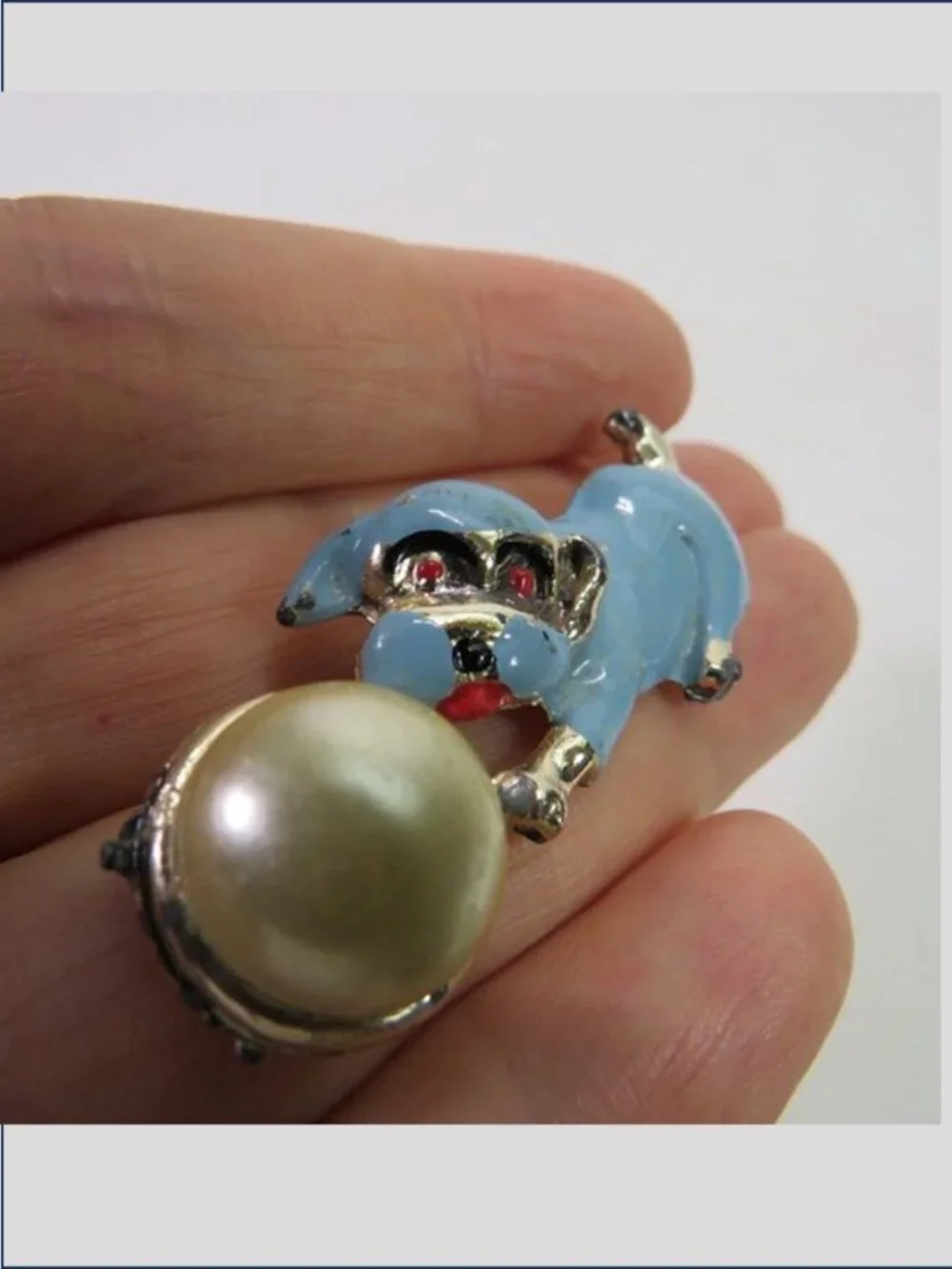Vintage Mid Century Blue Enamel Dog Faux Pearl Ball Brooch Pin Whimsical Novelty